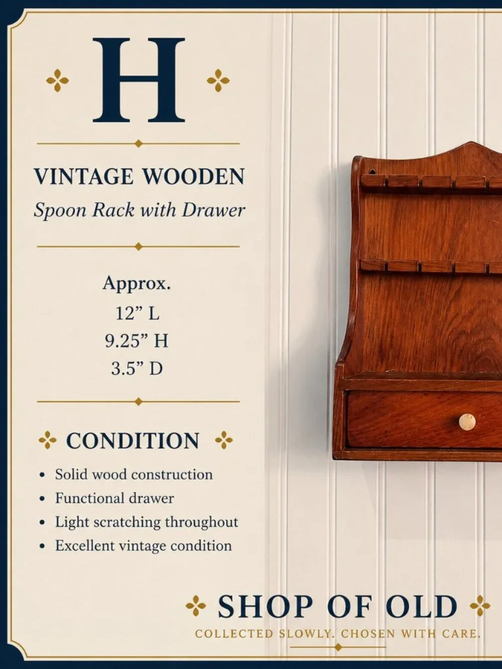 Vintage Wooden Spoon Rack with Drawer | Wall-Mounted Farmhouse Kitchen Shelf